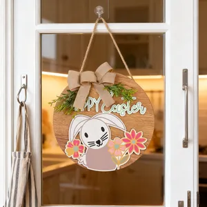 Targa per porta in legno di Pasqua con coniglietto e fiocco in juta decorativo