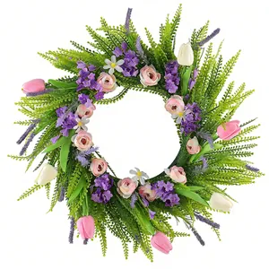 Vibrant artificial spring wreath with pink tulips and lavender for front door decor