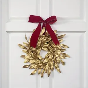 Golden Leaves Christmas Wreath With Red Velvet Bow Artificial Hanging Garland For Door Holiday Home Decor Elegant Style