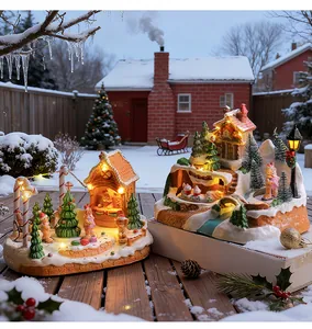 Glowing resin Christmas village scene with rotating gingerbread shop and LED lights