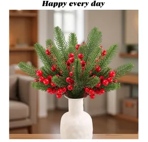 Realistic Christmas pine needle branch with vibrant red berries for festive home decor.