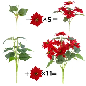 Decoratieve kunstmatige rode kerstster bloemenboeket set met 5 of 11 bloemhoofden