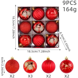Set mit 9 roten Weihnachtskugeln in 4 Mustern mit klaren Größen- und Mengenangaben