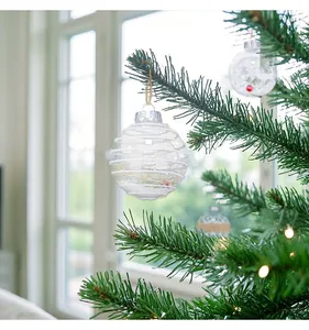 Close-up view of a clear Christmas ornament with white ribbon inside on a tree branch.