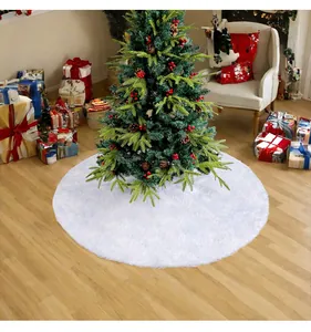 Soft white plush Christmas tree skirt used for festive holiday home decor setup