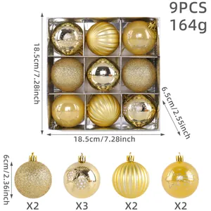 9er-Set goldene Weihnachtskugeln mit Glitzer und Rillenmustern in Geschenkbox