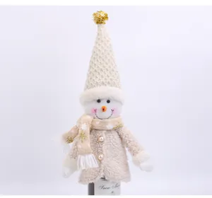 Close-up of plush snowman wine bottle cover with knitted hat and pearl button detail
