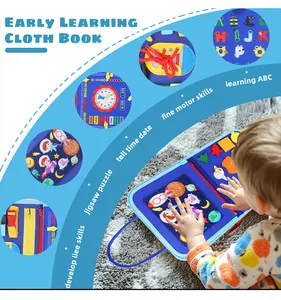 Educational felt busy board for toddlers featuring various motor skill activities