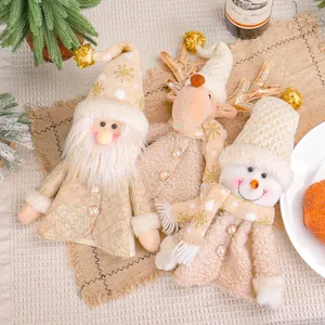 Set of 3 adorable beige plush Christmas wine bottle covers featuring Santa and reindeer