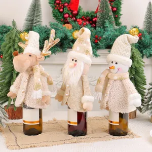 Set of 3 adorable plush Christmas wine bottle covers featuring Santa Snowman and Reindeer