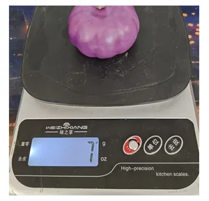 Detailweergave van een kleine paarse pompoen van schuim op een weegschaal van 7 gram