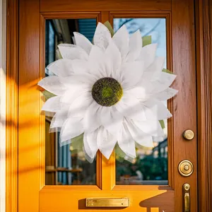 Large white handcrafted burlap sunflower wreath for front door autumn Thanksgiving home decor