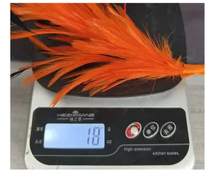 Gros plan détaillé montrant le poids de 18 g de ce bandeau de fête à plumes orange.