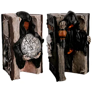 Coppia di ornamenti per libri gotici in resina con Tristo Mietitore per Halloween.