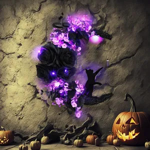 Detailed view of Halloween moon cat wreath with purple LED flowers and black roses