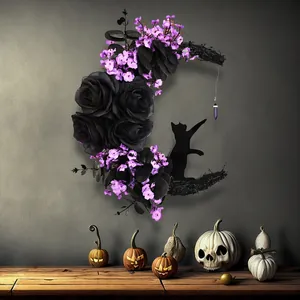Halloween moon wreath with black roses and cat silhouette on a spooky background.