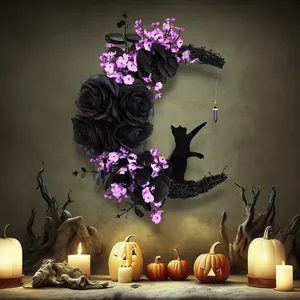 Gothic Halloween moon wreath featuring black roses, purple flowers, and a cat silhouette detail