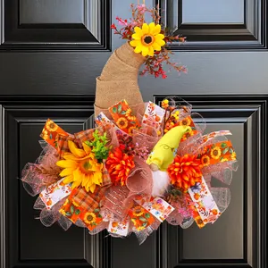 Couronne de Porte Gnome d'Automne Tournesol Forme Chapeau de Sorcière Ruban en Maille pour Action de Grâce Halloween Déco