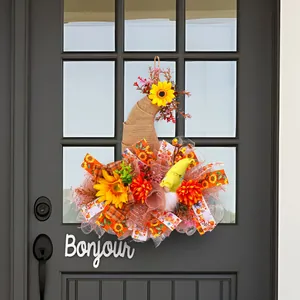 Couronne de tournesols d'automne en forme de chapeau de gnome pour décoration de porte