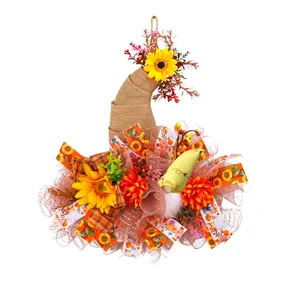 Couronne de récolte d'automne avec gnome et tournesols pour décoration murale de porte