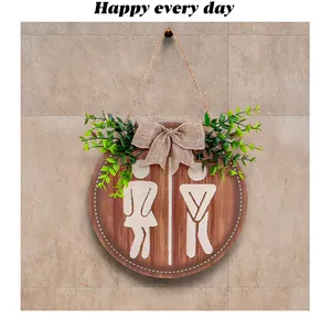 Funny wooden round bathroom sign with greenery and burlap bow for rustic farmhouse wall decor