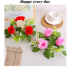 Detailed view of artificial rose flower candle wreaths for wedding and home table decor