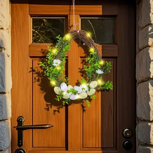 Couronne d'Œufs de Pâques pour Décoration de Porte d'Entrée en Rotin Avec Lumières LED Fleurs Artificielles Marguerites Œufs en Plastique Mousse Maison