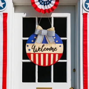 Amerikanischer Unabhängigkeitstag Welcome Holzschild Haustür Kranz Deko Mit Schleife Rot Weiß Blau Stern Gestreift Wandbehang Ornament