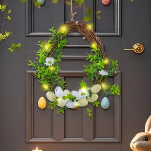Couronne de Pâques faite main avec lumières LED et œufs pour déco de porte printemps