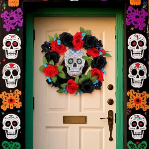 Day of the Dead wreath with red and black roses and skull for front door decoration