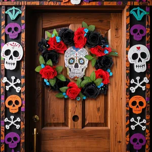 Gothic Day of the Dead door wreath featuring red and black roses and a sugar skull