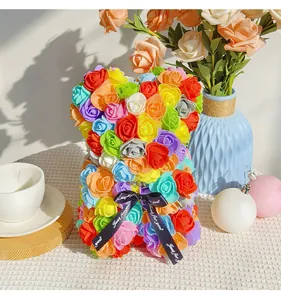 Detailed macro view of a colorful rainbow rose bear doll made of artificial PE foam flowers