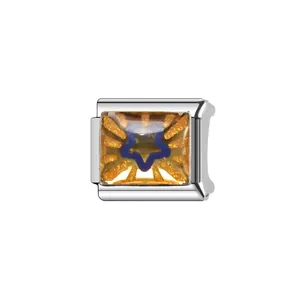 Close-up of DIY modular bracelet charm featuring a blue star on gold background