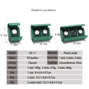Detailed specifications for green leather travel watch roll organizers in three sizes.