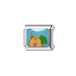 Macro view of a colorful enamel cartoon house charm link for DIY modular bracelets.