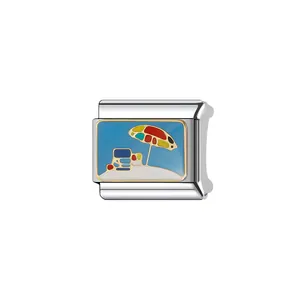 Close-up of DIY modular Italian charm link featuring a colorful beach umbrella enamel design