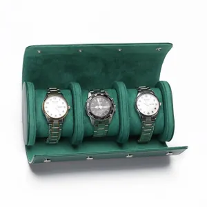 Custodia da viaggio per orologi in pelle verde con tre scomparti e fodera in camoscio