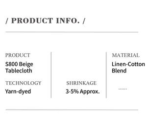 Product information details for linen style rectangular tablecloth including material and shrinkage