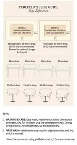 Tablecloth size selection guide for rectangular and round tables with washing tips.
