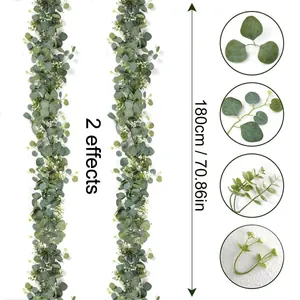 Detailed macro view of artificial eucalyptus leaf and baby's breath garland, length 180cm