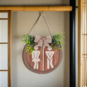 Round Wooden Bathroom Toilet Sign Plaque With Burlap Bow And Artificial Greenery Funny Silhouette Wall Hanging Farmhouse Home Decor
