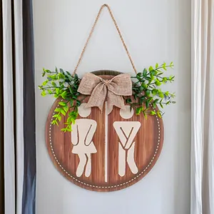 Farmhouse rustic round wooden restroom sign with burlap bow and artificial greenery decoration