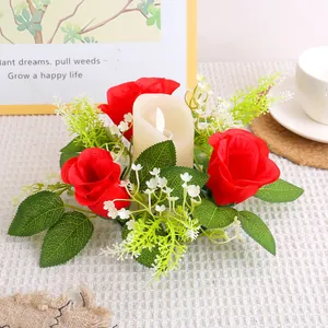 Decorative red rose floral candle holder wreath with LED candle for wedding and home decor