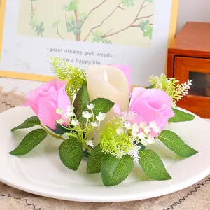 Romantic pink rose floral candle ring wreath for wedding and home tabletop decor