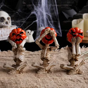 Halloween Pumpkin Head Skeleton Resin Ornaments Yoga Meditation Skeleton Statues For Home Table Decor Party Decorations