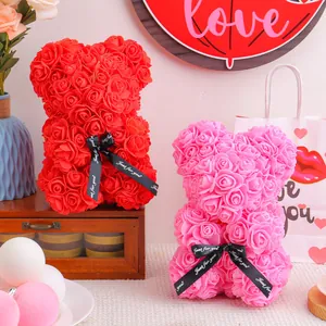 Handmade PE Foam Rose Bear Romantic Artificial Eternal Flower Teddy Bear Gift For Valentine Day Birthday Decor With Satin Ribbon