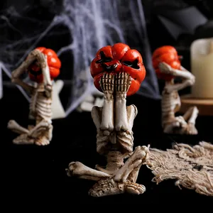 Halloween pumpkin head skeleton figurines in meditation yoga poses for home decor