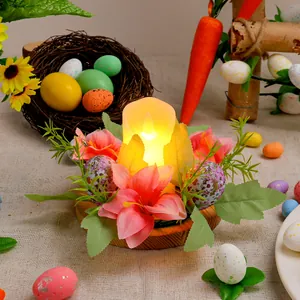 Easter candle holder wreath with LED candle, floral accents, and colorful speckled eggs