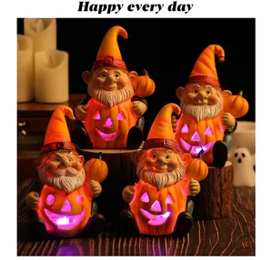 Set di 4 gnomi zucca di Halloween luminosi in resina per decorazioni di giardino e casa