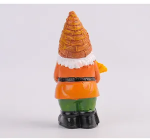 Back view of colorful resin garden gnome figurine with detailed woven texture cone hat